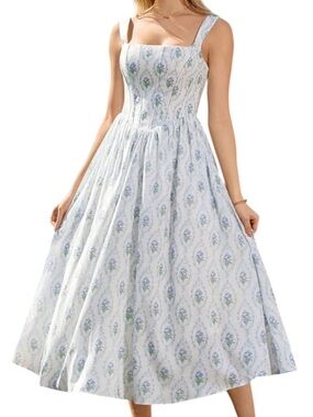 SCARLET DARKNESS Corset Sundress Light Blue Floral Square Neck Midi Dress 14
